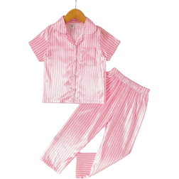 Shein Young Girl Comfortable Pink Striped Short Sleeve Shirt And Pants Set For Leisure