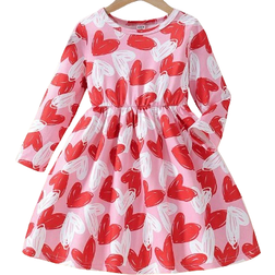 Shein Little Girls 1 Piece Girl Dress with Heart Print, Long Sleeve, Round Neck, A-line, Elastic Waist, Fitted, Suitable for Valentine's Day Party, Spring/Autumn