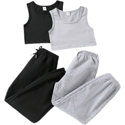 Shein Tween Girls' Casual Solid Colored Sleeveless Top And Sweatpants Set