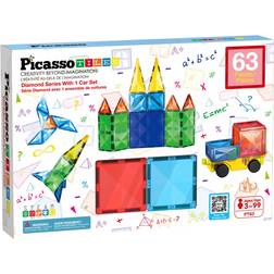 PicassoTiles Magnetic Tiles with Vehicle Base 63pcs