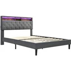 Flieks Merax LED Doppelbett 140x200 cm mit Led und Kopfteil mit Stauraum-Kopfteil Grau Rahmenbett