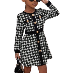Shein Young Girl Houndstooth Print Button Front Dress