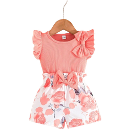 Shein Summer Children's Clothing Set For Baby Girls - Fly Sleeve Cute Bowknot Top With Casual Flower Printed Shorts, 2pcs Outfit For Toddler Girls