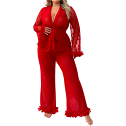 Shein Plus Size Women Heart Jacquard Mesh Flare Sleeve Top And Trousers Pajama Set
