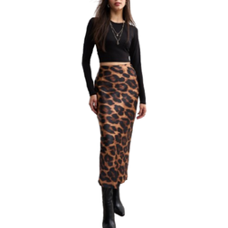 New Look Leopard Print Satin Midi Skirt - Brown