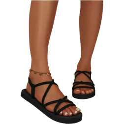 Shein Women'S Flat Sandals With Suede Strap Decoration, Woven Sole, Simple Vacation Style, Black Cross Straps, Versatile