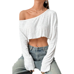 Shein Solid Color Sexy Asymmetric Neck Cropped Long Sleeve Blouse
