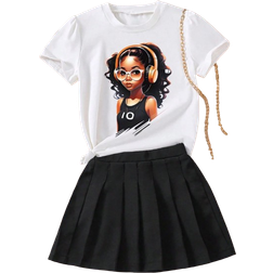 Shein Tween Girls Cartoon Girl Pattern Printed Short Sleeve T-Shirt And Solid Color Pleated Skirt Set