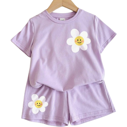 Shein pcsSet Summer Purple Flower Print Smile Face Pattern TShirt And Shorts Outfit For Young Girls