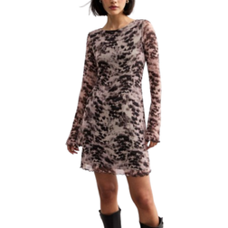 New Look Blur Print Long Sleeve Mesh Mini Dress - Brown Pattern