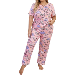 Shein Women's Plus Pink Round Neck Cloud Print Pajama Set