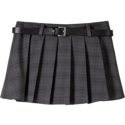 Bershka belted pleated tailored skirt in grey check