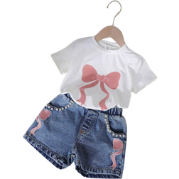 Shein Little Girls Summer Cute Bow Print T-Shirt Set - Multi