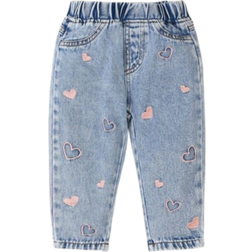 Shein Heart Embroidered Denim Tapered Pants - Denim