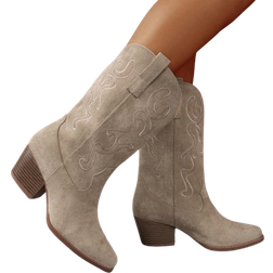 Shein Ladies Fashionable Embroidered Wedge Heel SlipOn MidCalf Western Boots