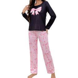 Shein Cute BowKnot Design Long Sleeve And Long Pants Womens Pajama Set