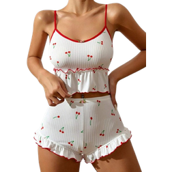 Shein Womens White Cherry Print Frill Edge Pajama Set