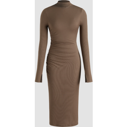 Cider High Neck Solid Ruched Midi Dress