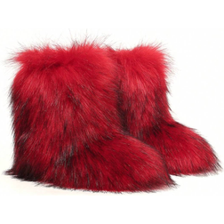 Shein Womens Faux Fur Fluffy Snow Boots Fashionable Flat MidCalf Boots With Furry Trim Red
