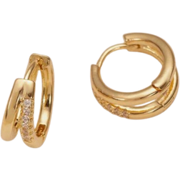 Shein Pair Luxurious Sparkly Cubic Zirconia Stone Double Huggie Earrings Stylish And Simple Golden Hoop Earrings For Women And Girls