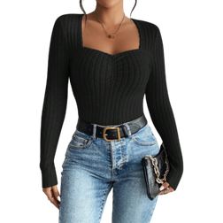 Shein Womens Plain Scoop Neck Long Sleeve Ribbed Casual TShirt Autumn