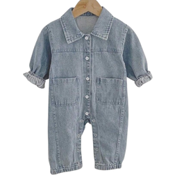 Shein Autumn Infant Baby Unisex Denim Turndown Collar Bear Embroidered Long Sleeve SnapUp Romper