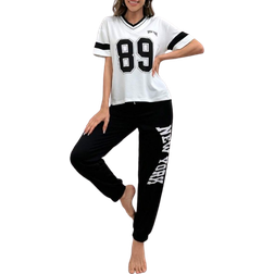Shein Colorblock Digital Pattern V-Neck Short Sleeve Top And Letter Print Long Pants Pajama Set