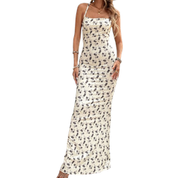 Shein Women Swing Neck Open Back Holiday Print Knit Long Dress