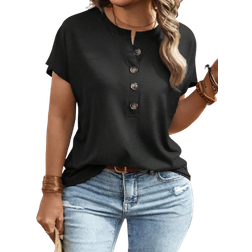 Shein Plus Casual Fit Short Sleeve TShirt With Round Neckline And Button Closure Summer Casual