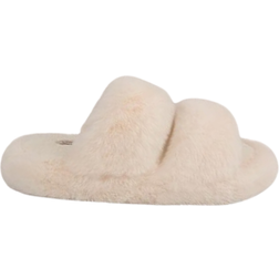 FamilyFairy Women Fluffy Faux Fur Slippers Comfy Open Toe Two Band Slides with Fleece Lining and Rubber Sole