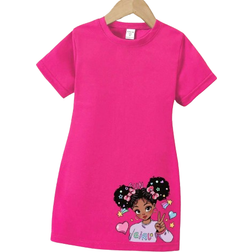 Shein Toddler Girls' Fashionable And Cute Short Sleeve T-Shirt Dress With Bowknot And Little Girl Print