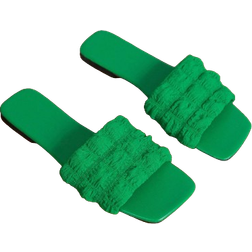 Shein Fashionable Square Toe Green Grid Patterned Cloth Flat Sandals