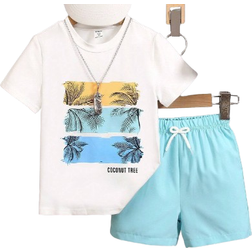 Shein Young Boy Casual Tropical Letter Print Short Sleeve T-Shirt And Shorts Summer Set