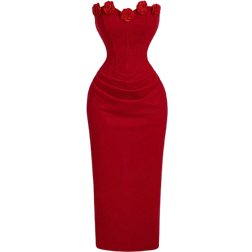 Shein Red Floral Ruched Bodycon Midi Dress For WomenFall Wedding Guest DressHomecoming DressesBrunch Women OutfitVestidos ElegantFallWinter DressesConcert