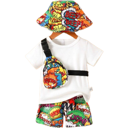 Shein pcs Baby Boys Casual Street Skating Game Machine Print Short Sleeve Top Shorts Backpack And Hat Summer Outfit