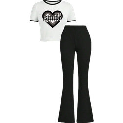 Shein Tween Girls" Summer Casual Two-Piece Set With Letter & Heart Print Round Neck Short Sleeve T-Shirt And Flare Pants