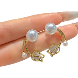 Shein Tulip-shaped Earrings For Women, Unique Design, French Style Flower With High-end Cat's Eye Stone & Pearl Decoration