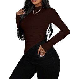 Shein Solid Color Stand Collar Irregular Hem Long Sleeve TShirt Brown L,M,S,XS