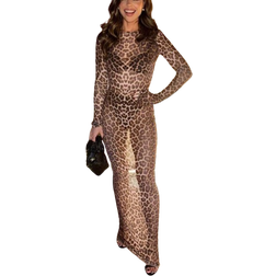 Shein Womens Summer SeeThrough Leopard Print Long Sleeve Bodycon Dress