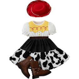 Shein Young Girl's Patchwork Puff-Sleeved Colorblock Cow Print Dress With Floral Print