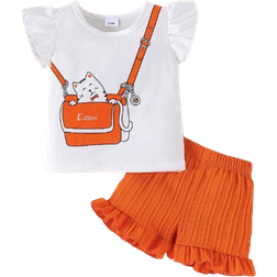 Shein Cute Cartoon Cat Printed Fly Sleeve T-Shirt And Shorts Set - Multi