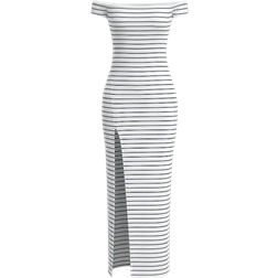 Shein Damen Neu Ankunft Off-Shoulder Kleid mit hohem Schlitz und extra langer Länge mit Muster, Frühling Herbst