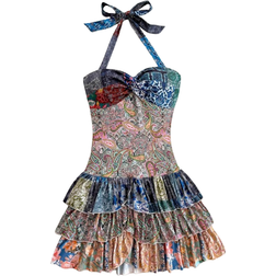 Shein Multicolor Floral Print Pleated Backstring Bowknot Tiered Ruffle Hem Mini Dress For Women Suitable For Vacation Wearable As Outerwear Or Underwear