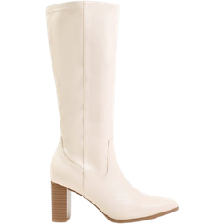 Where's That From 'Alpha' Block Heel Knee High Boots With Stitch Detail Cream