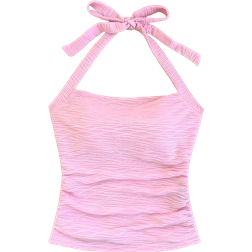 Shein Halter Knit Textured Fitted Tank Top - White
