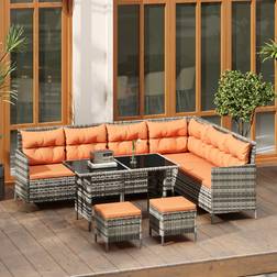 OutSunny 6 Pcs Patio Wicker Sofa Rattan Chair Furniture with Glass and Cushioned Orange Outdoor Lounge Set