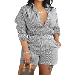 Shein Plus Size Casual Striped Patchwork Blouse & Shorts - Striped