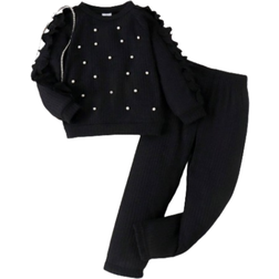 Shein pcsSet Toddler Girls Casual Knitted Solid Color Long Sleeve Top With Pleated Lace Beaded Detailing And Solid Color Pants Spring And Autumn