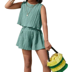 Shein pcsSet Young Girl Woven Solid Color Crew Neck Sleeveless Top And Woven Solid Color Loose Shorts Set