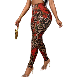 Shein Red Rose Leopard Pattern Digital Print Skinny Leggings Versatile IndoorOutdoor Wear